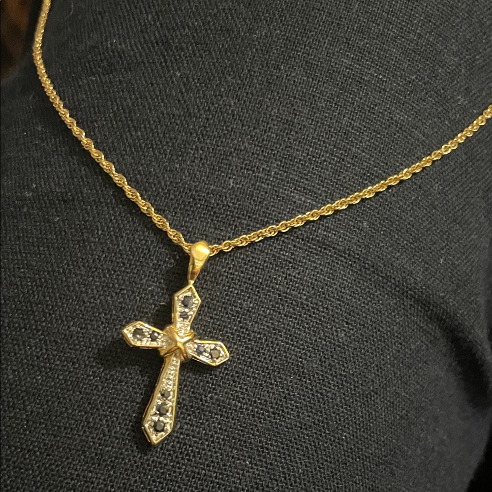 Gold Cross with sapphire stone Pendant Necklace